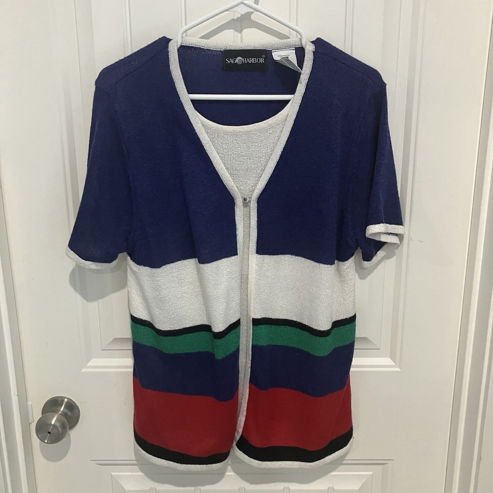 Sag Harbor L Cardigan Sweater Attached Top Women's Green Purple Red Striped